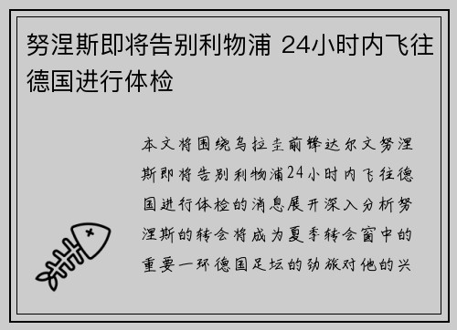 努涅斯即将告别利物浦 24小时内飞往德国进行体检