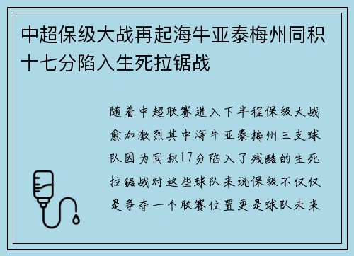 中超保级大战再起海牛亚泰梅州同积十七分陷入生死拉锯战 中超保级大战再起海牛亚泰梅州同积十七分陷入生死拉锯战